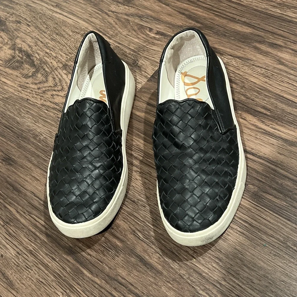 Women's Sam Edelman Eda Shoes Size 7 Black Leather Slip On Sneakers Loafers EUC